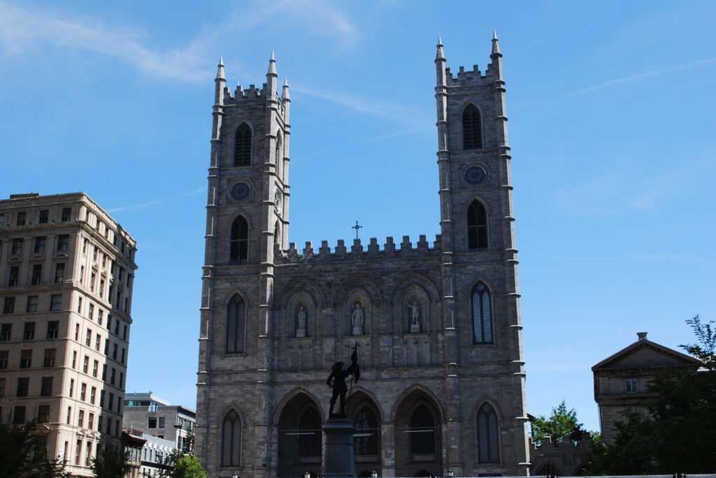 Exterior facade of Notre-Dame Basilica in Old Montreal, photographed in 2011