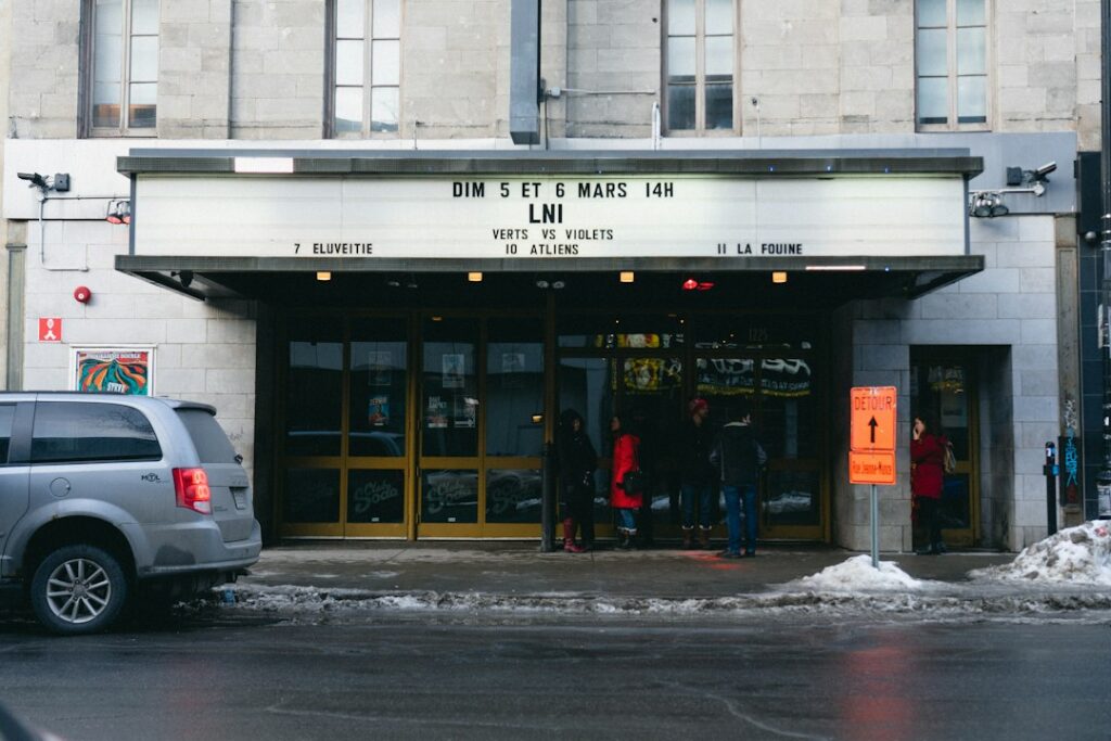People outside a theatre in Montreal